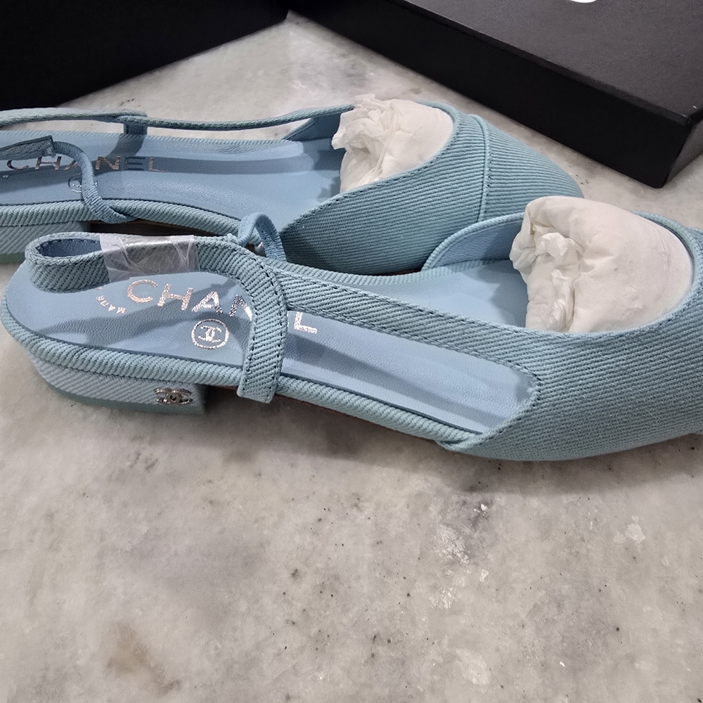 "CHANEL-like" Women's Denim Light Blue Slingback Flats - Picture 3 of 5